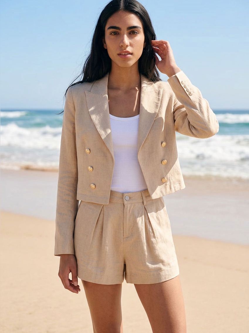 L'agence Sandstone Cropped Double-Breasted Linen Blazer